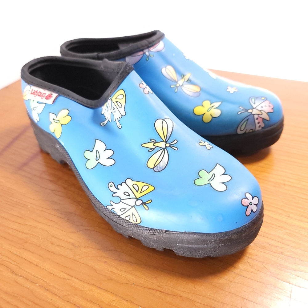 Blue Butterfly Waterproof Rain Garden Shoes Slip On Clogs Ladybug Woman's Sz 6